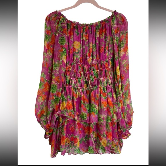 Caroline Constas Dahlia Off The Shoulder DRESS Pink Coral Multi Sm Silk - Picture 2 of 8